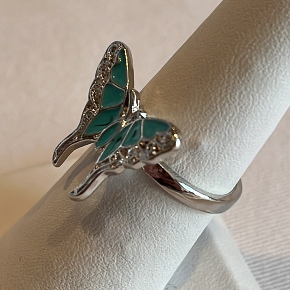 Silver Tone Turquoise Enamel Butterfly Ring, 7 - Picture 3 of 3